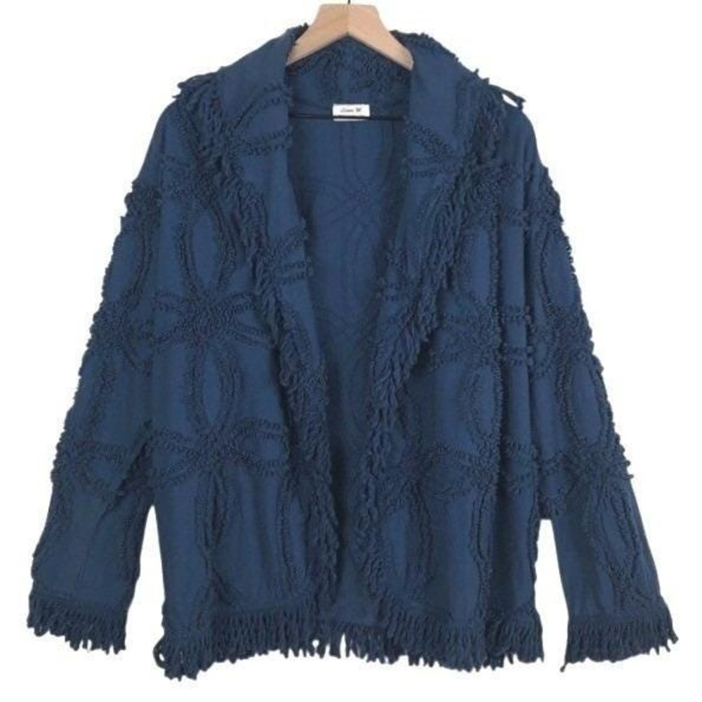 Laura M Cotton Chenille Fringe Open Front Cardigan Jacket Women's Sz S Blue USA